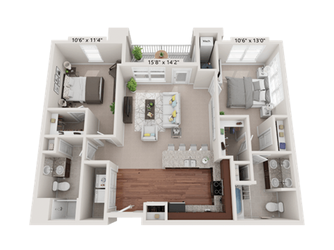 Floor plan for 2 beds, 2 baths, 1057 sqft